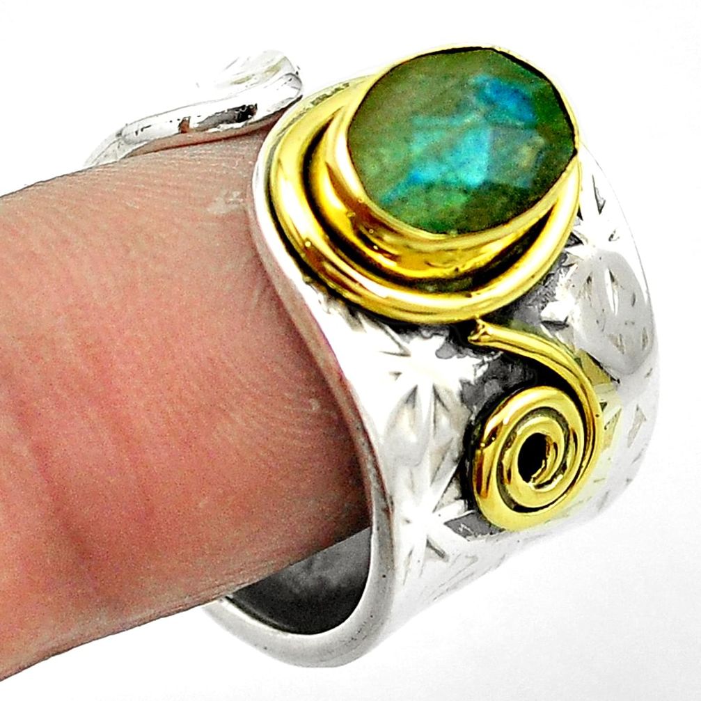 Natural blue labradorite 925 silver 14k gold adjustable ring size 8.5 m51617