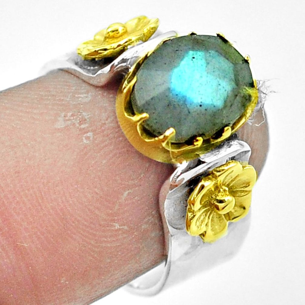 Natural blue labradorite 925 sterling silver 14k gold ring size 7 m51635