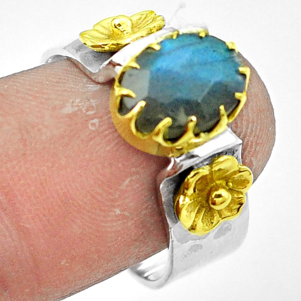 Natural blue labradorite 925 sterling silver 14k gold ring size 8 m51637