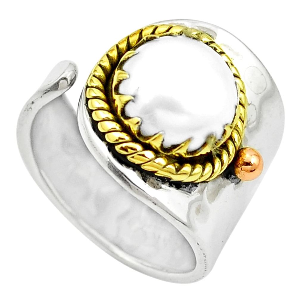 Natural white pearl 925 silver 14k gold adjustable ring size 7 m51646