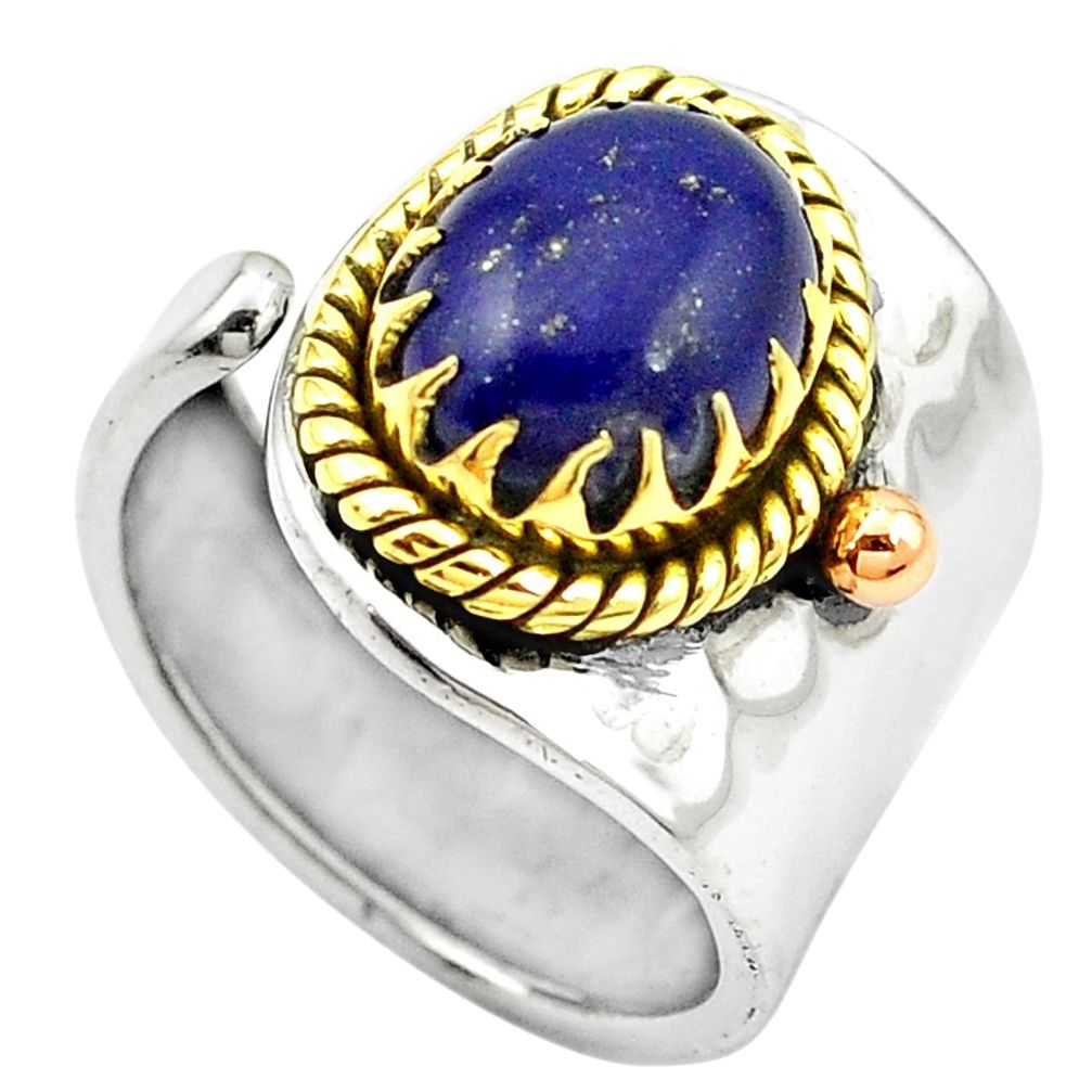 Natural blue lapis lazuli 925 silver 14k gold adjustable ring size 7.5 m51651