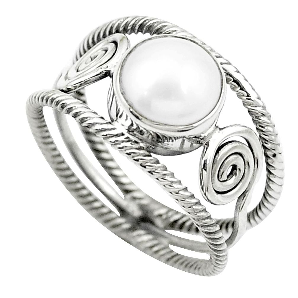 925 sterling silver natural white pearl round ring jewelry size 7.5 m51873