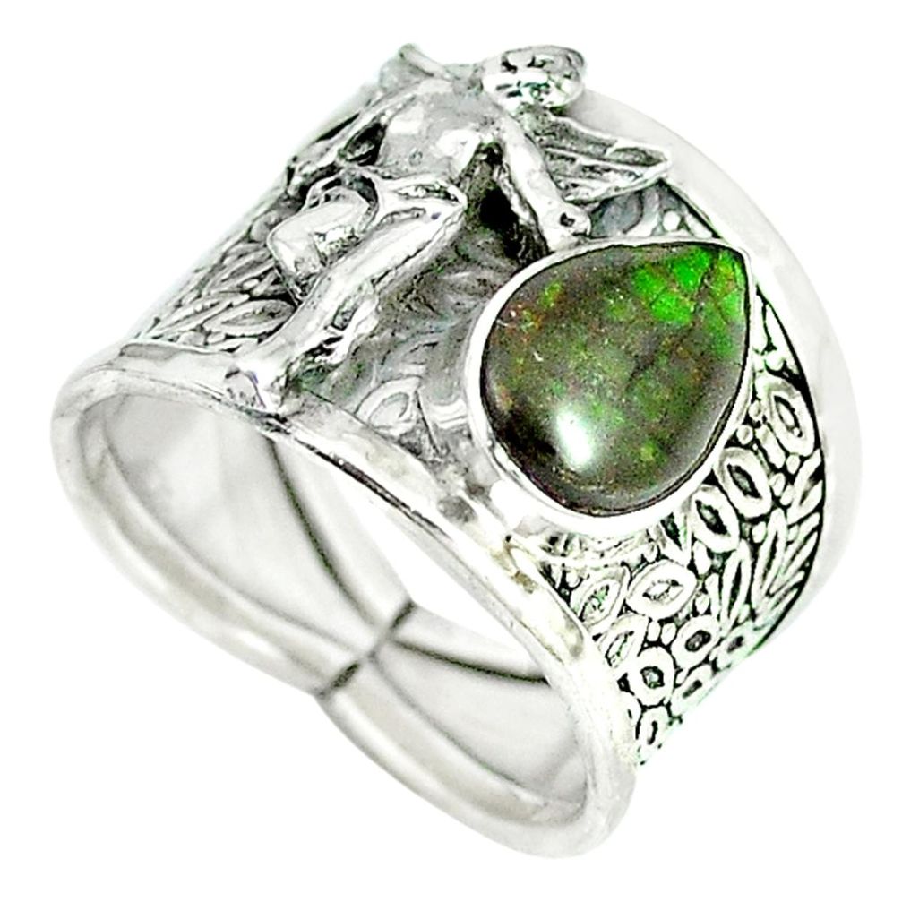 Ammolite (canadian) 925 silver cupid love angel wings ring size 7.5 m5208