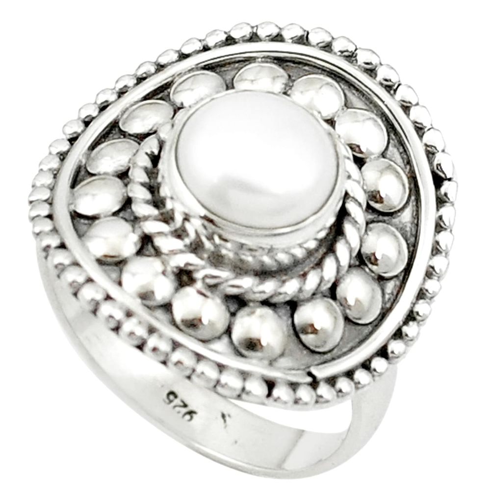 925 sterling silver natural white pearl round ring jewelry size 7.5 m53064