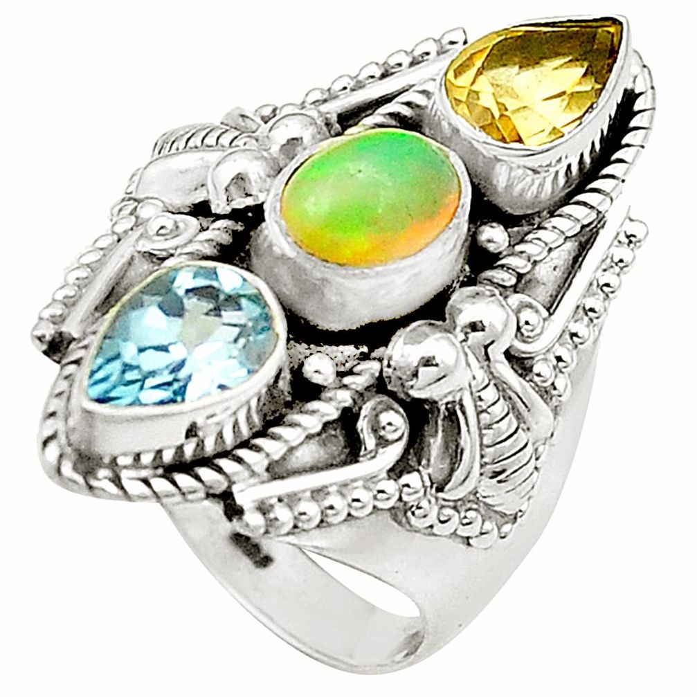 Natural multi color ethiopian opal citrine 925 silver ring size 8 m53114