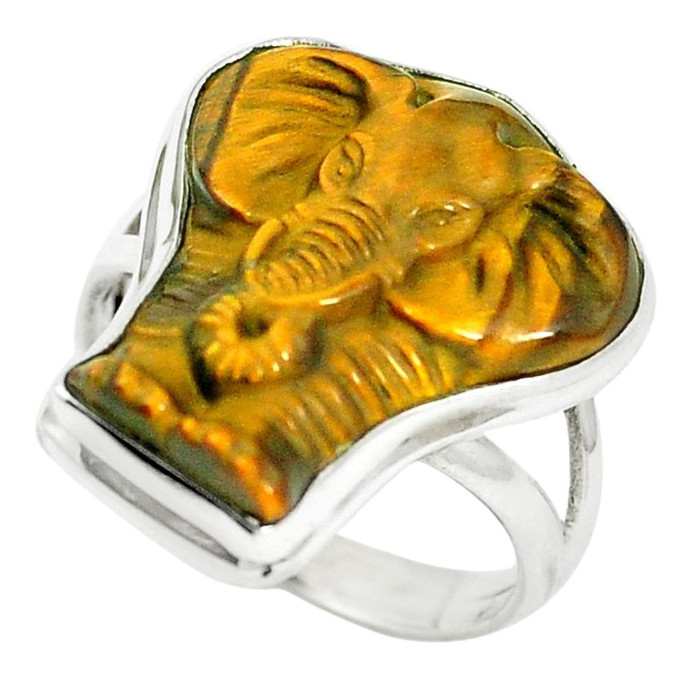 Natural carving tiger's eye 925 sterling silver elephant ring size 7 m55371