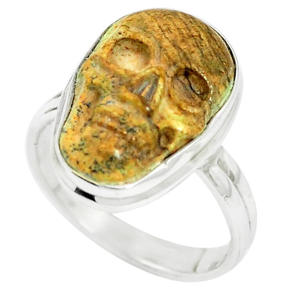 Natural brown picture jasper fancy 925 silver skull ring size 8 m55411