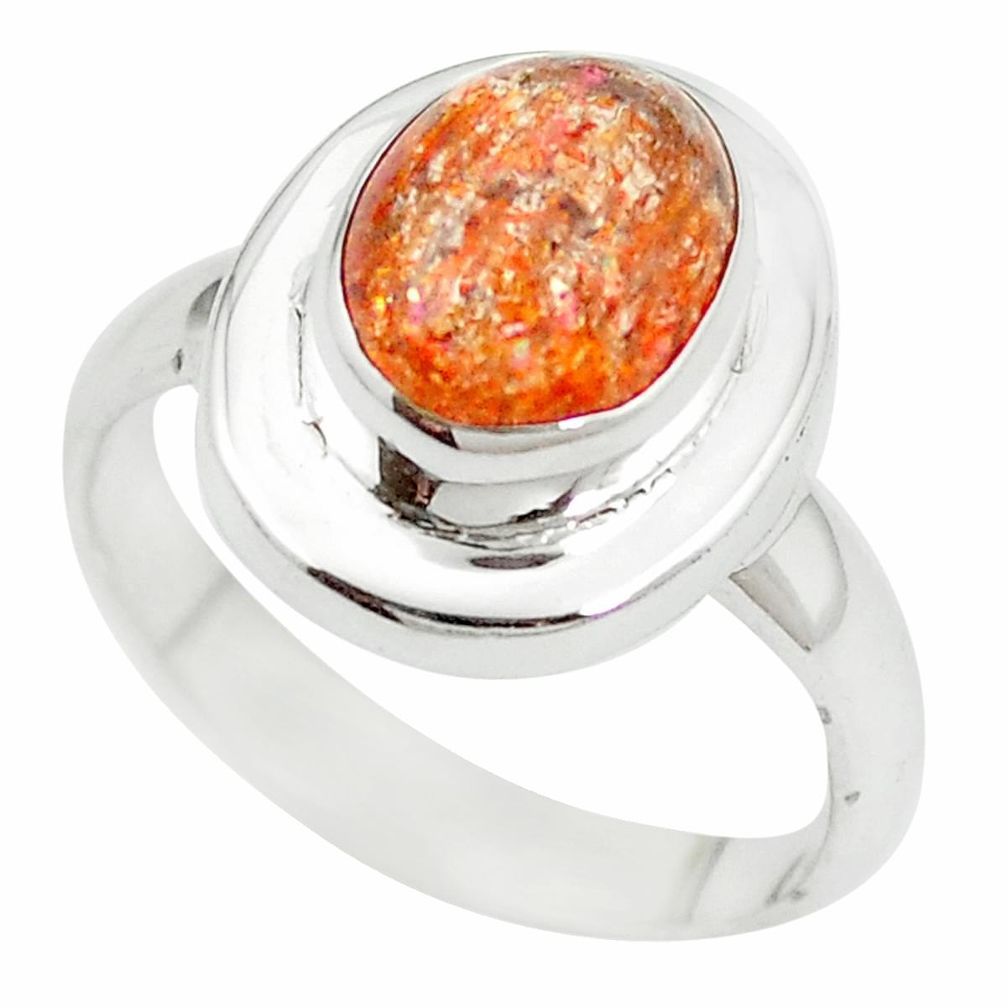 Natural orange sunstone (hematite feldspar) 925 silver ring size 7.5 m55762