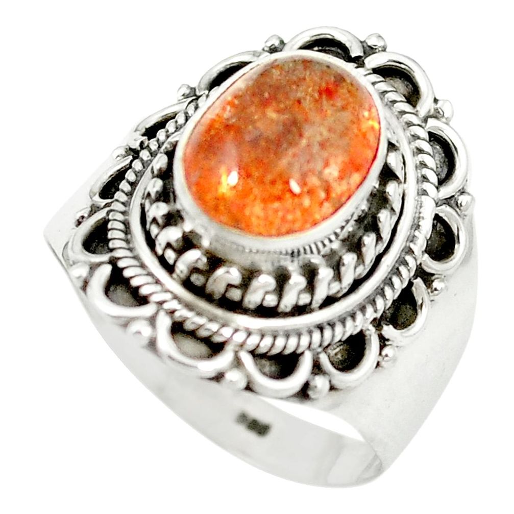 Natural orange sunstone (hematite feldspar) 925 silver ring size 7.5 m55874