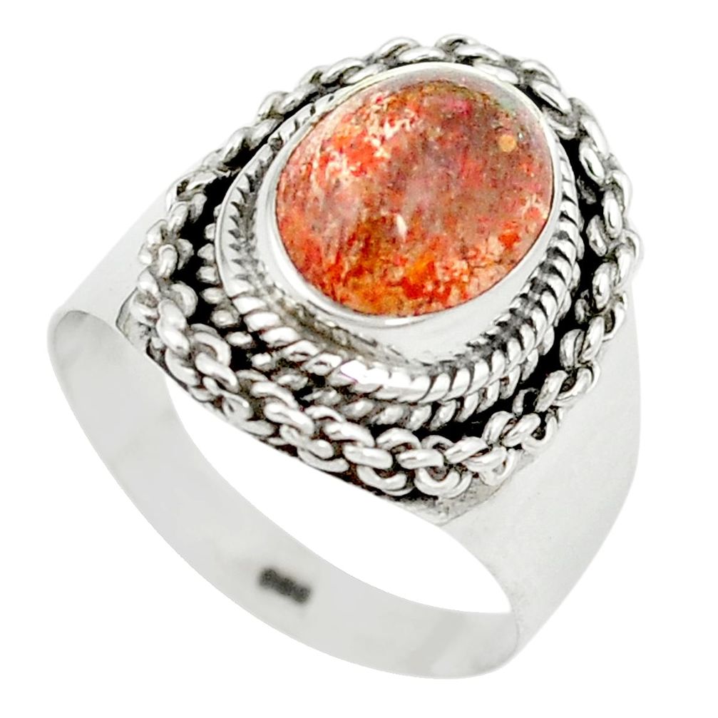 Natural orange sunstone (hematite feldspar) 925 silver ring size 6.5 m55878