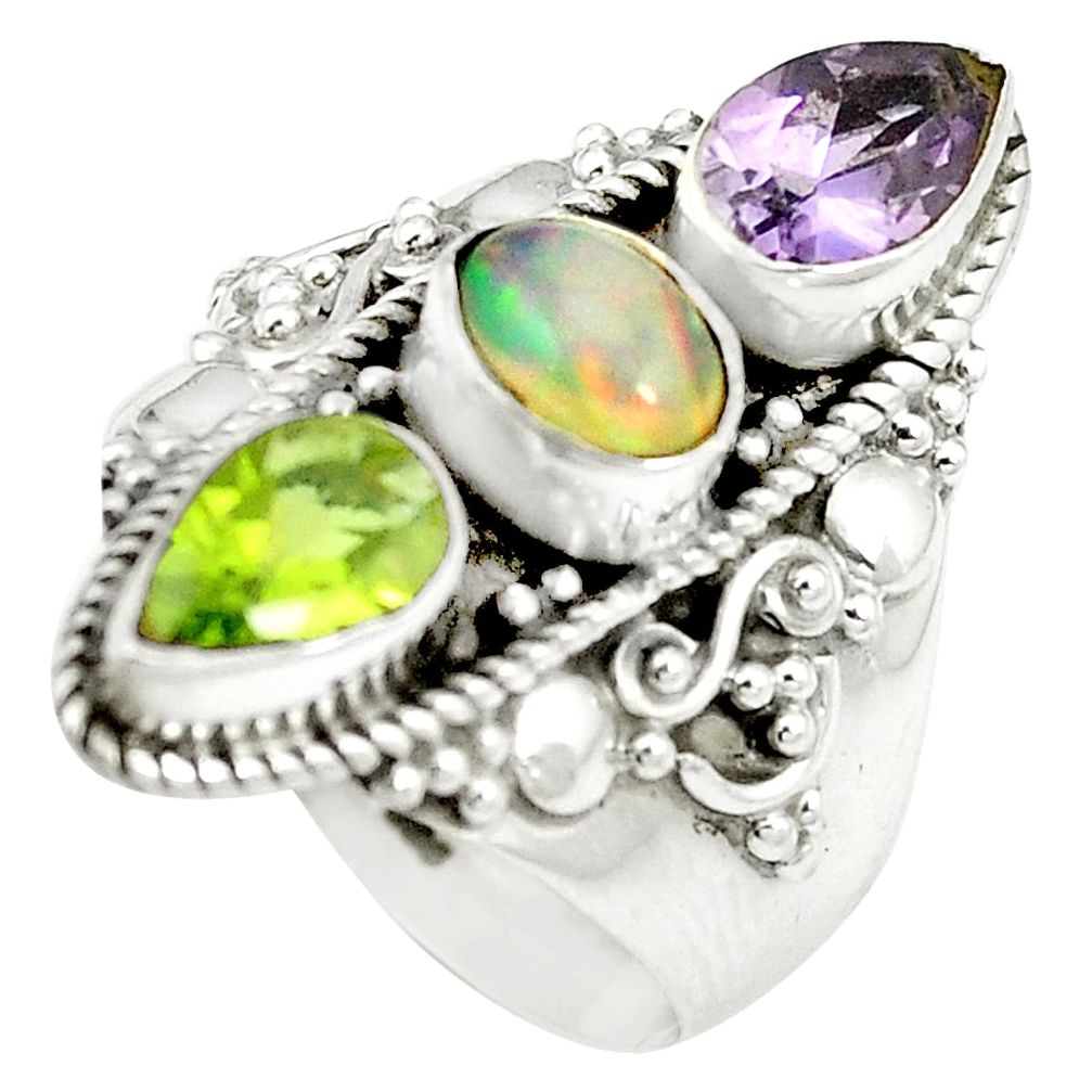 Natural multi color ethiopian opal amethyst 925 silver ring size 7.5 m56802