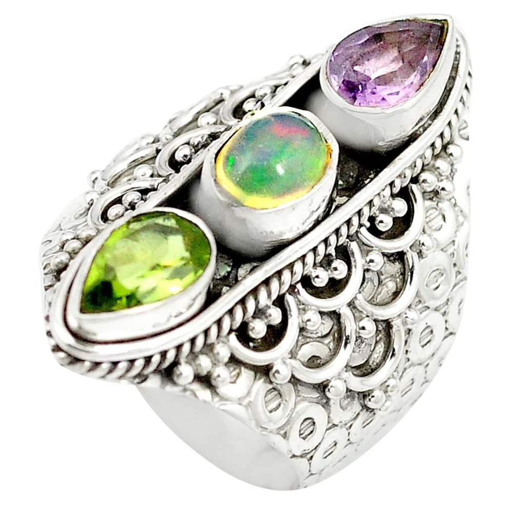 925 silver natural multi color ethiopian opal amethyst ring size 7.5 m56808
