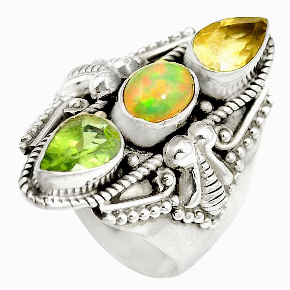 Natural multi color ethiopian opal peridot 925 silver ring size 7 m56815