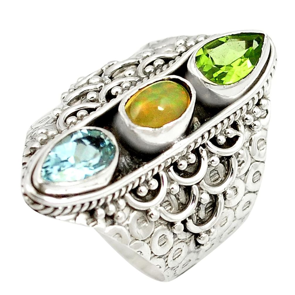 Natural multi color ethiopian opal peridot 925 silver ring size 8 m56820