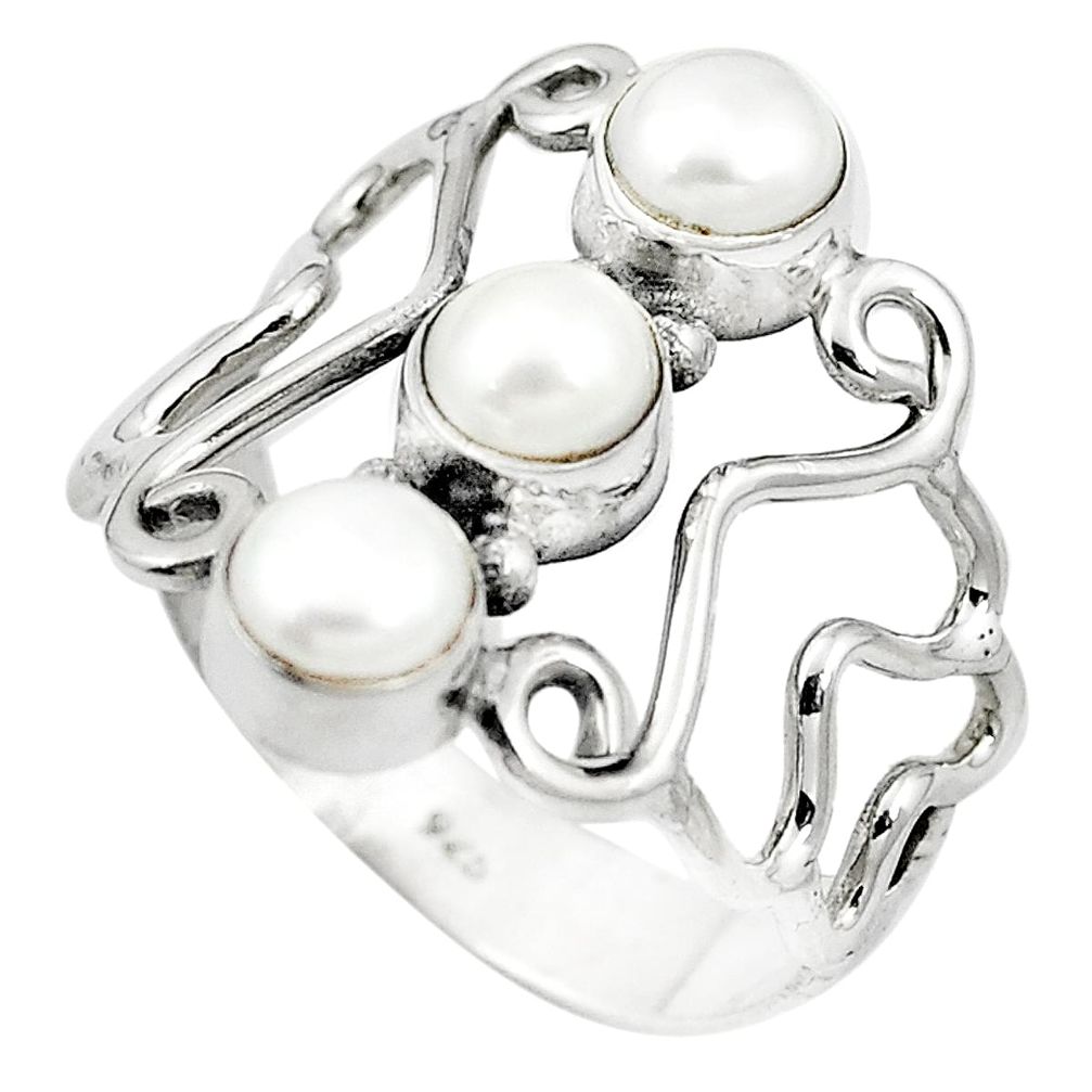 Natural white pearl round 925 sterling silver ring jewelry size 8 m57167