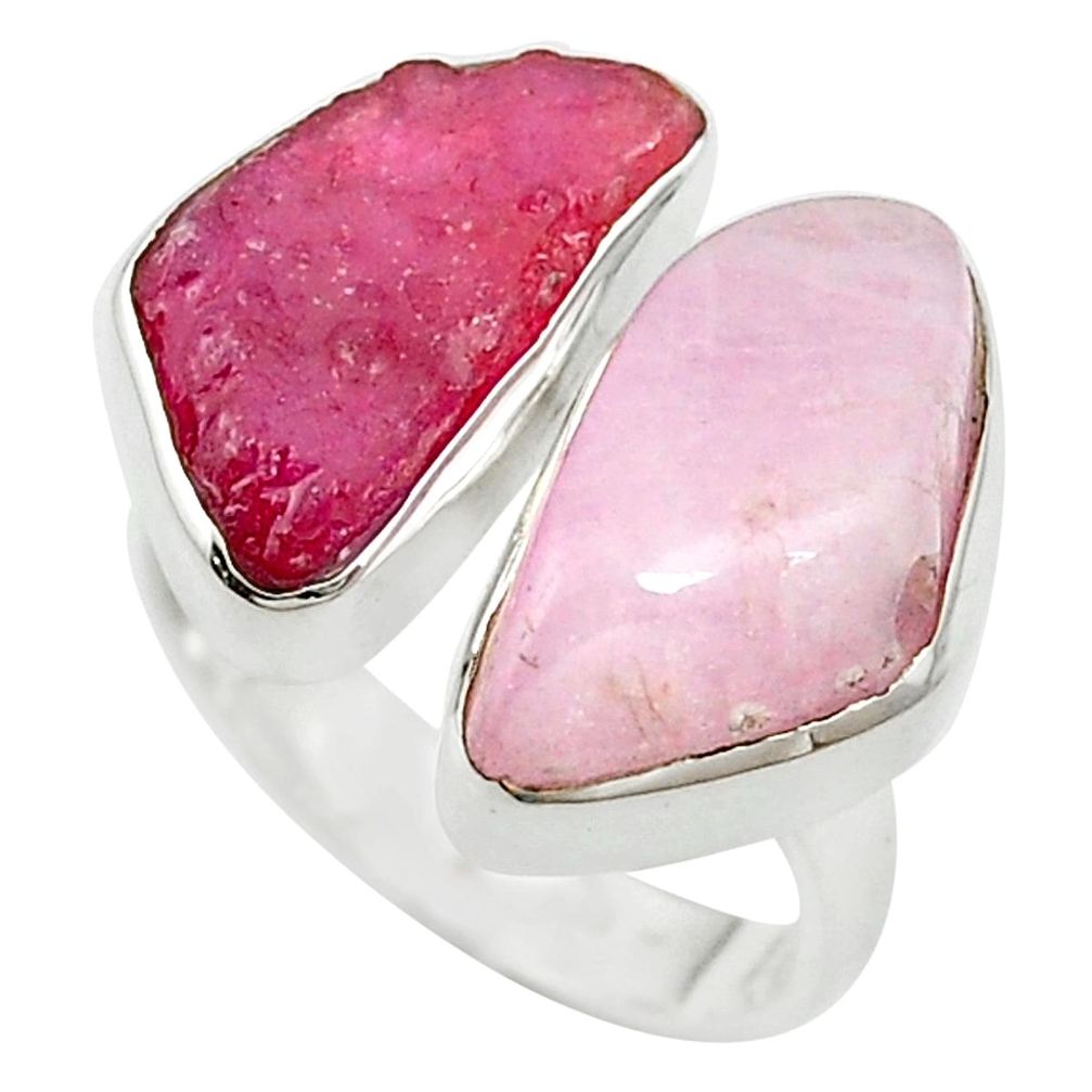 Natural pink kunzite ruby quartz 925 silver adjustable ring size 7.5 m58781