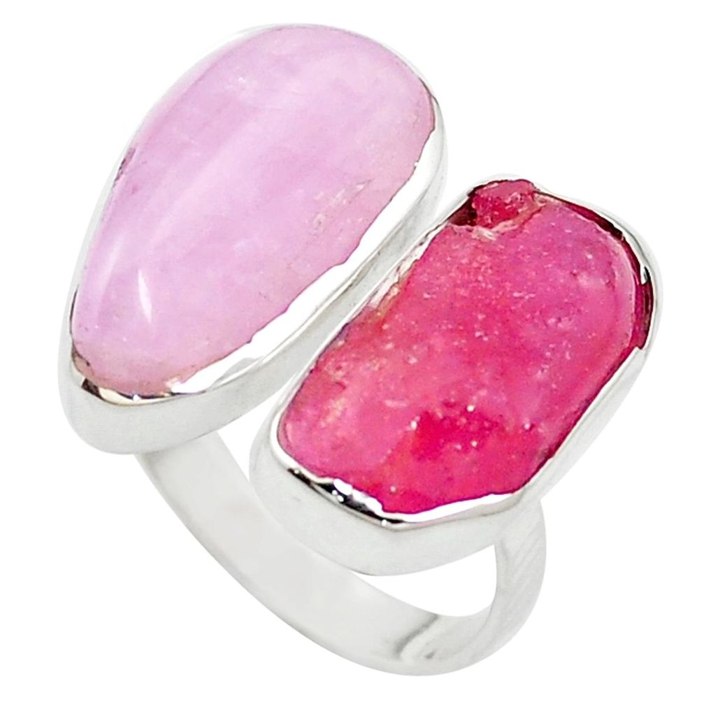 Natural pink kunzite ruby rough 925 silver adjustable ring size 8 m58796