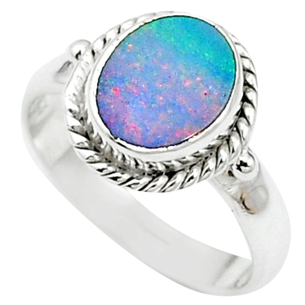 Natural blue doublet opal australian 925 silver ring size 7 m59402