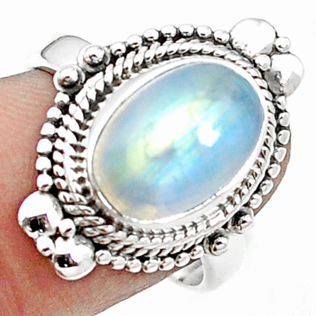 Natural rainbow moonstone oval 925 sterling silver ring size 7.5 m59554