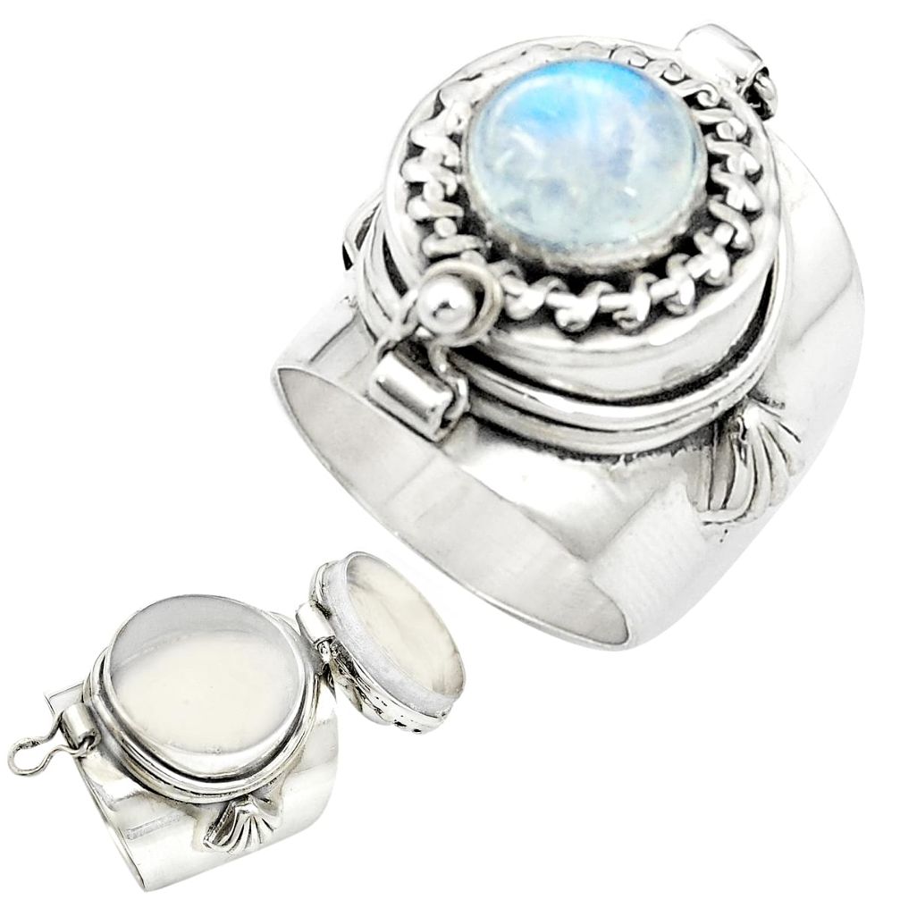 Natural rainbow moonstone 925 silver poison box ring size 6.5 m59600