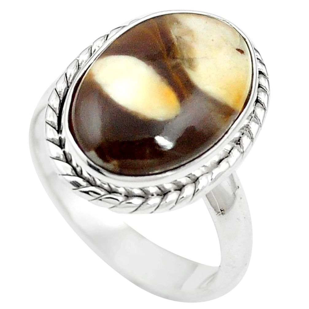 Natural brown peanut petrified wood fossil 925 silver ring size 8 m59708