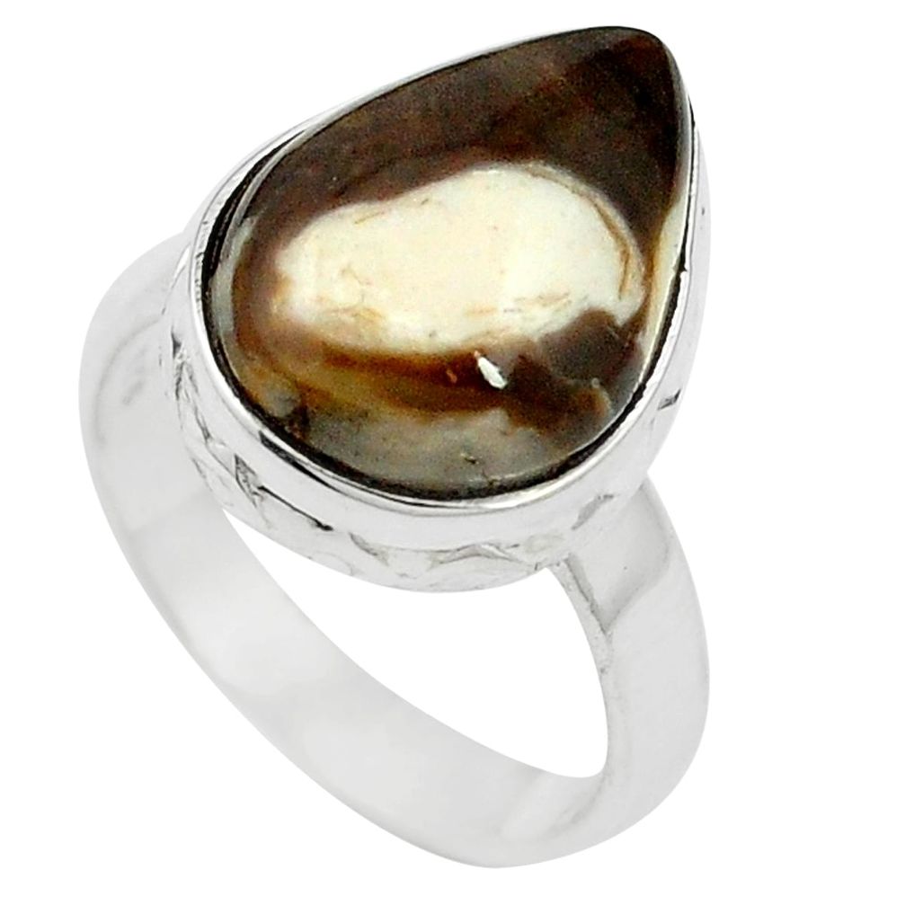 Natural brown peanut petrified wood fossil 925 silver ring size 6 m59712