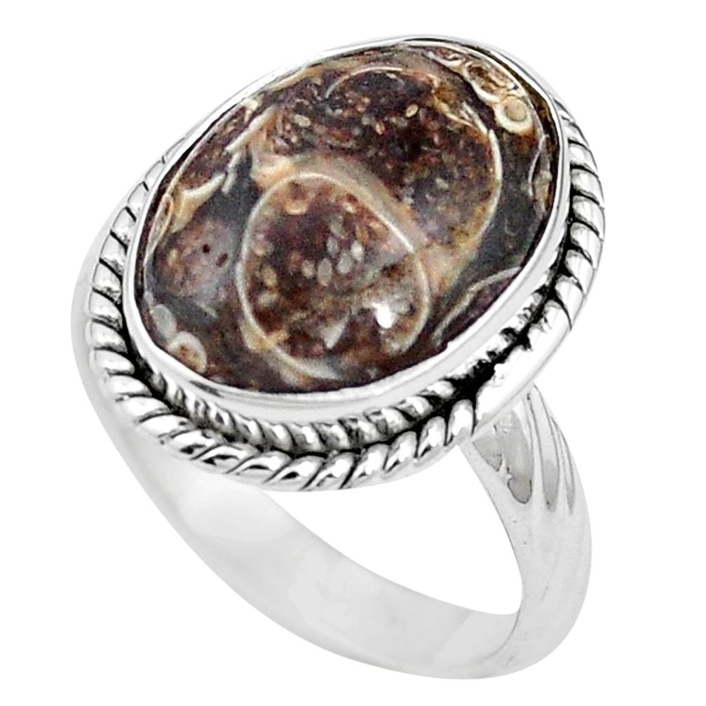 Natural brown turritella fossil snail agate 925 silver ring size 6 m59721