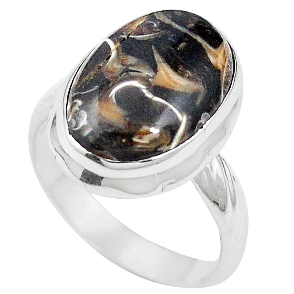 Natural brown turritella fossil snail agate 925 silver ring size 6 m59724