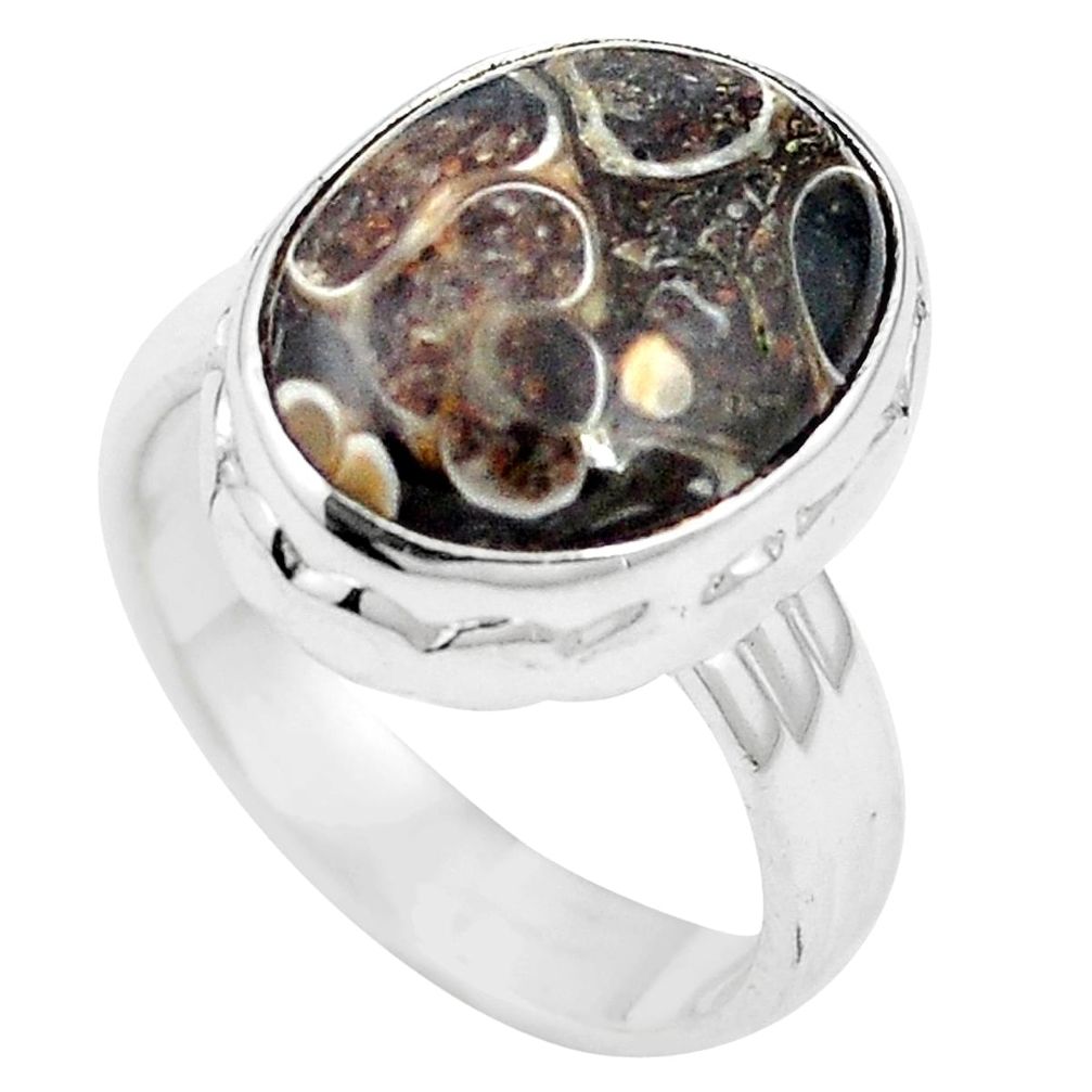 Natural brown turritella fossil snail agate 925 silver ring size 7 m59726