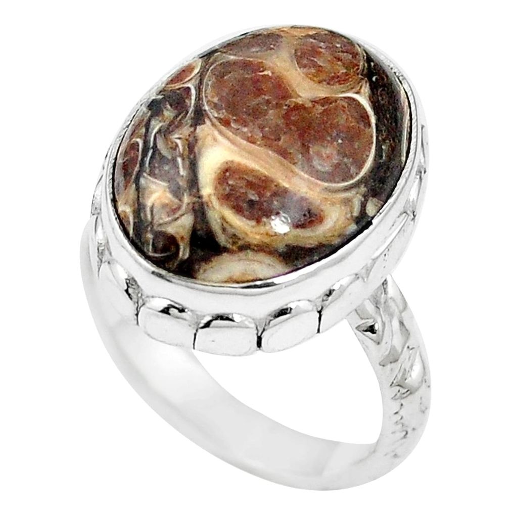 Natural brown turritella fossil snail agate 925 silver ring size 6 m59731