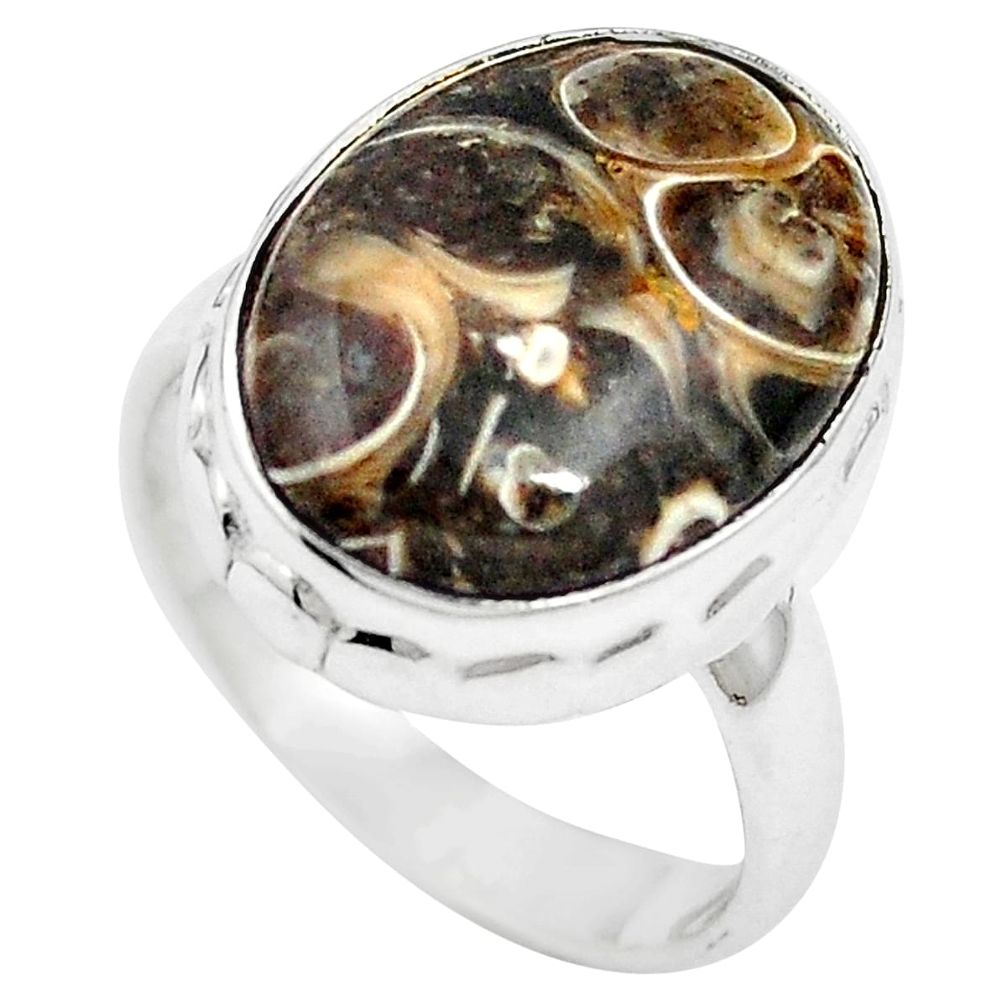 Natural brown turritella fossil snail agate 925 silver ring size 7 m59736