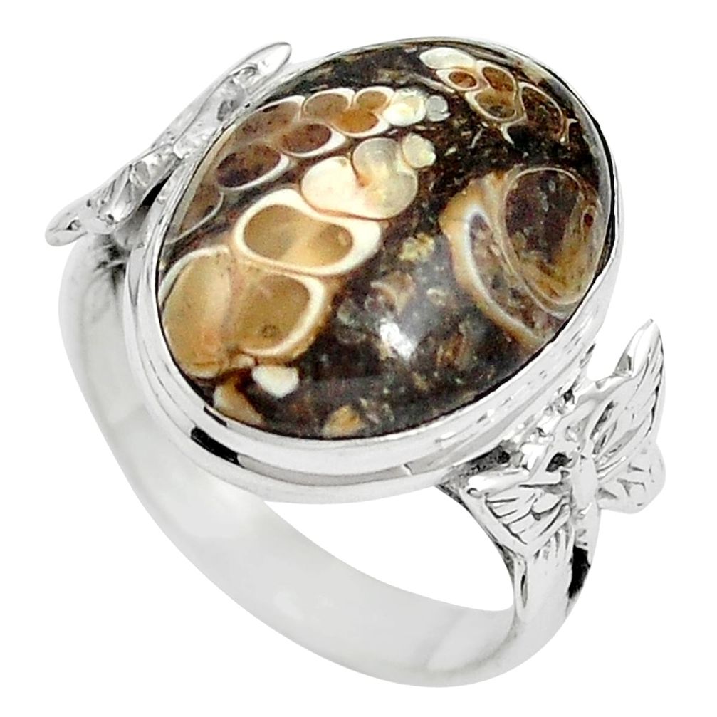 Natural turritella fossil snail agate 925 silver butterfly ring size 7 m59737