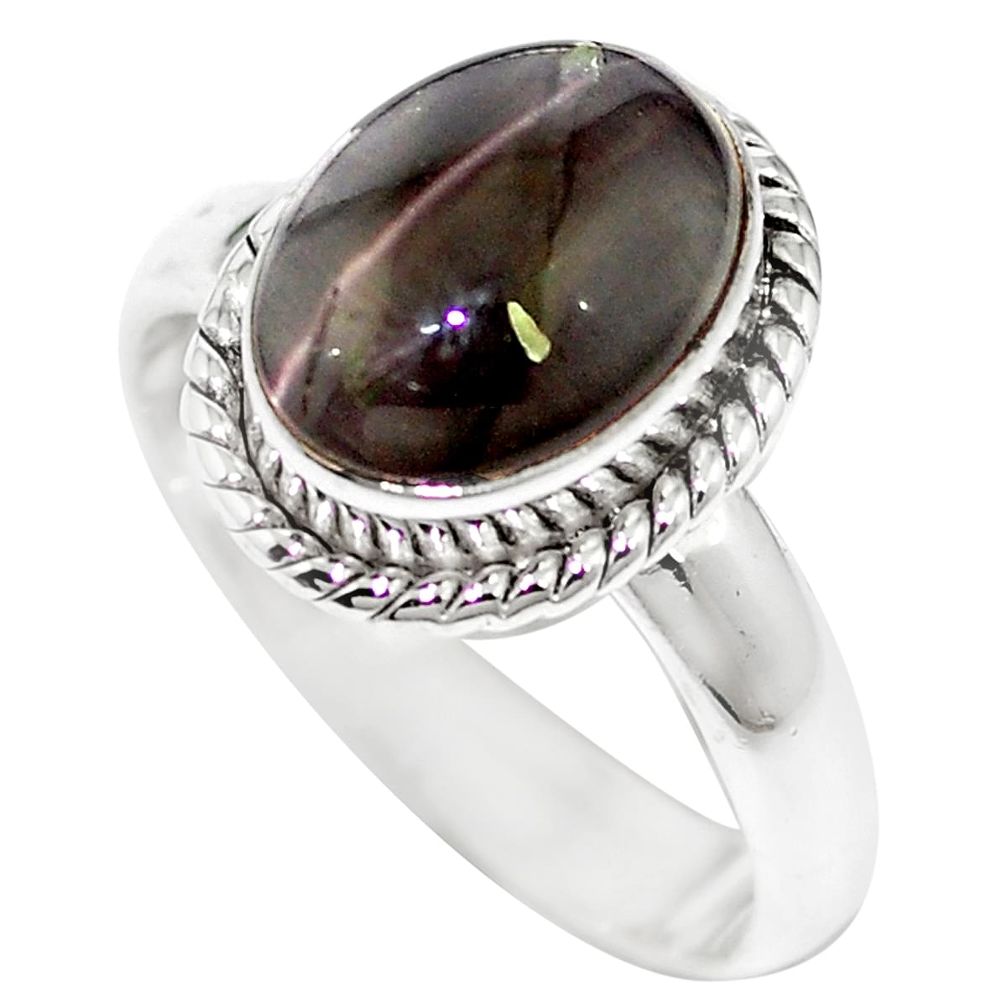 Natural black cat's eye sillimanite oval 925 silver ring size 6.5 m59823