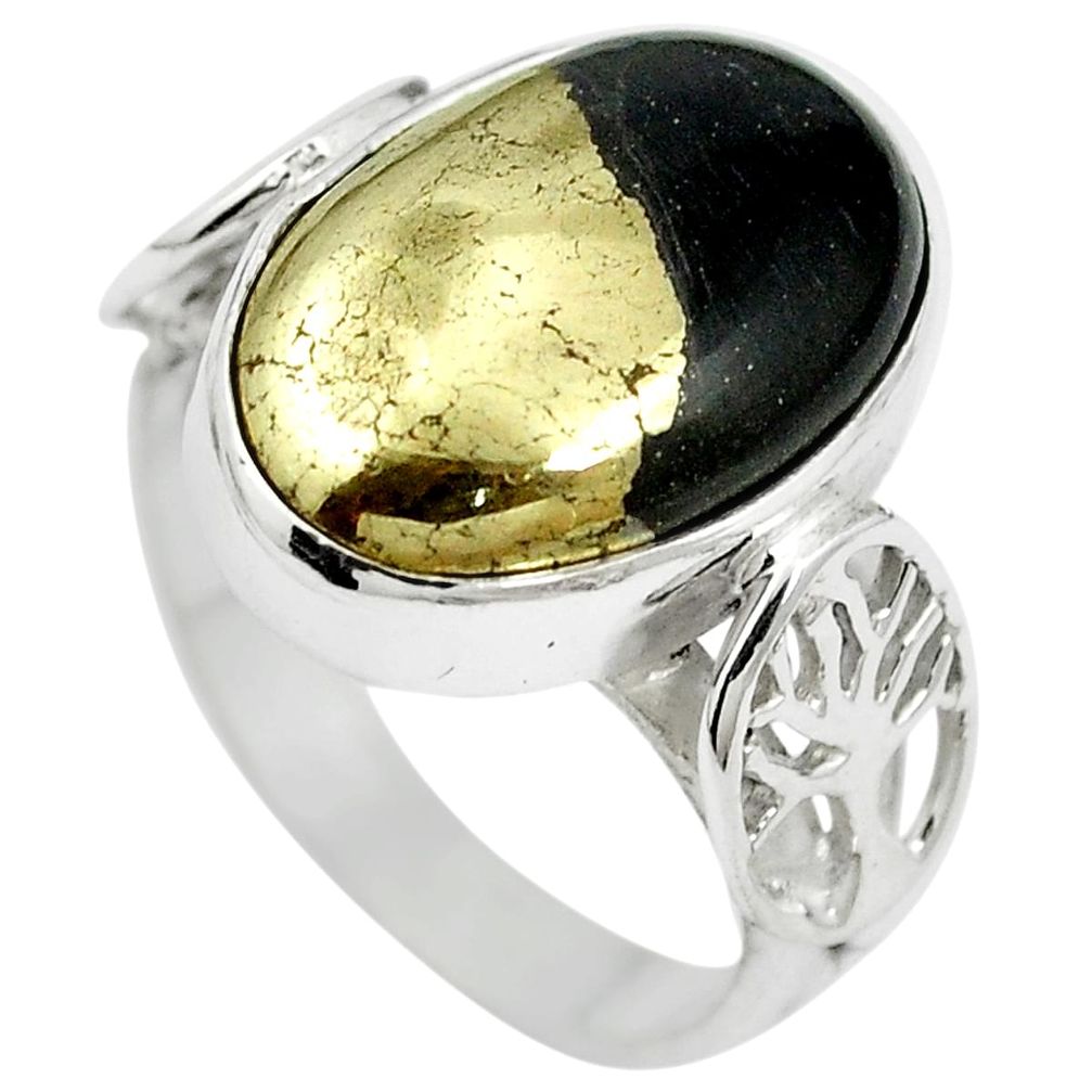 Natural golden pyrite in magnetite (healer's gold) 925 silver ring size 7 m59929
