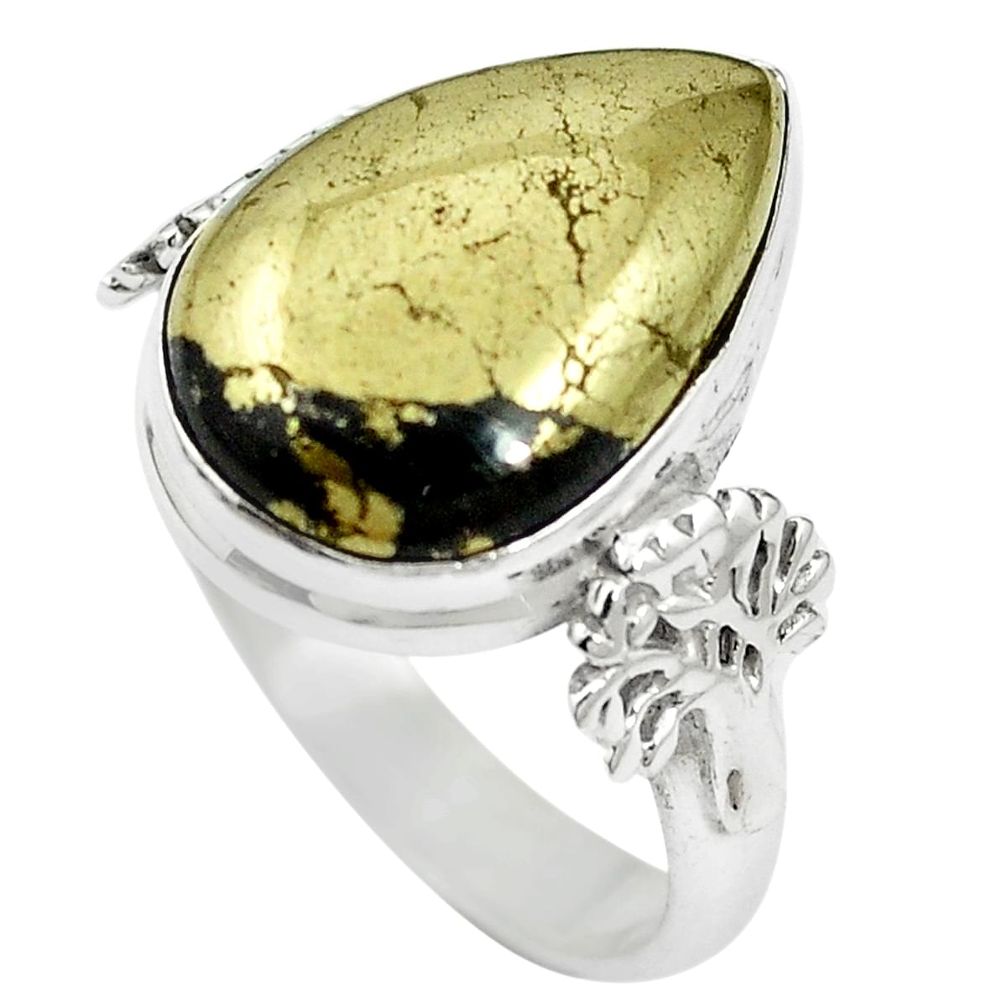 925 silver natural pyrite in magnetite (healer's gold) pear ring size 6.5 m59937