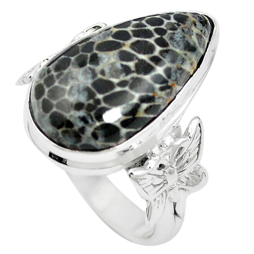 925 silver natural black stingray coral from alaska pear ring size 6 m59951