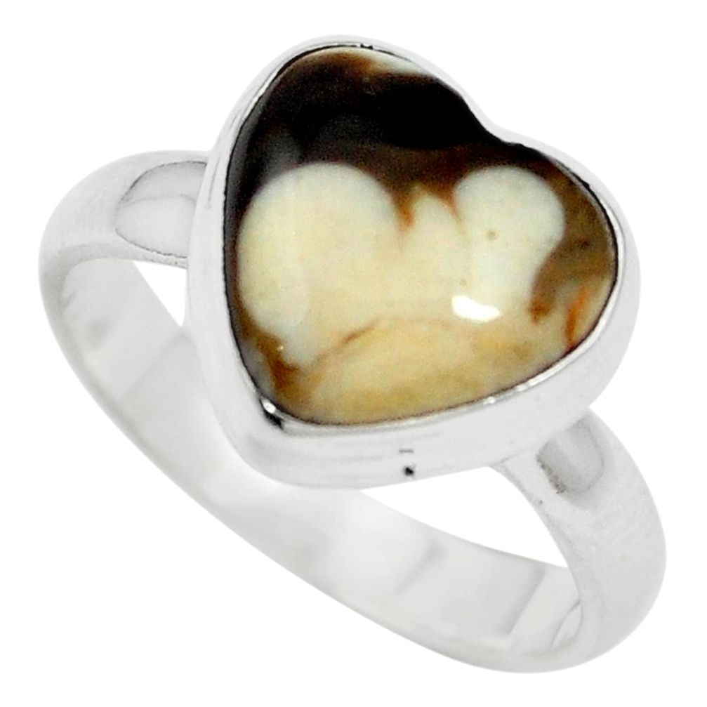 Natural brown peanut petrified wood fossil heart 925 silver ring size 6.5 m60290