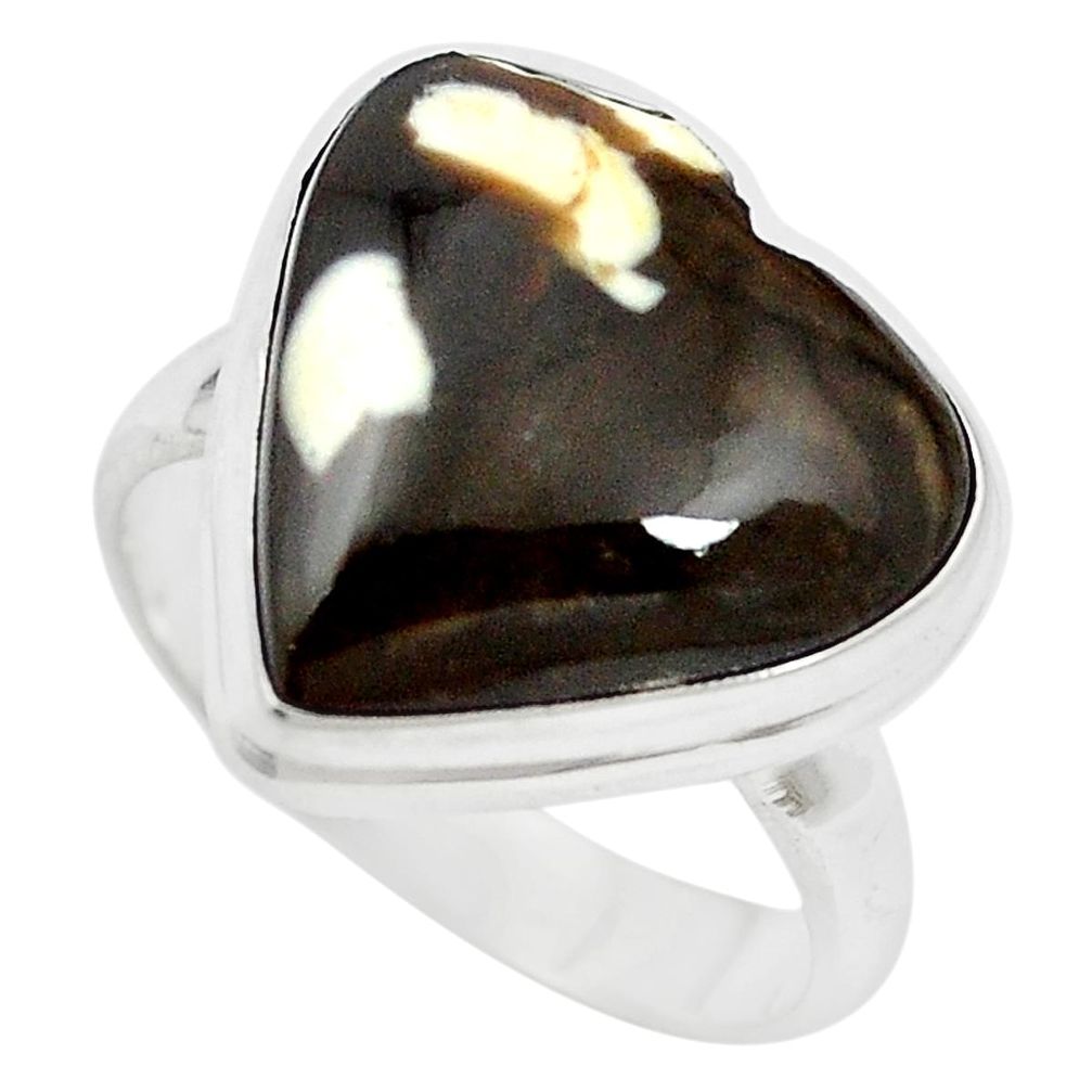 Natural brown peanut petrified wood fossil heart 925 silver ring size 6 m60302
