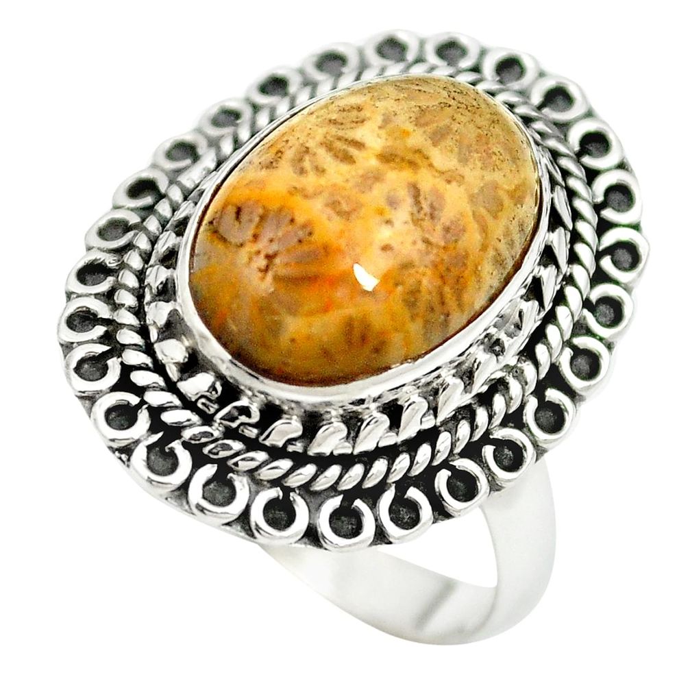 Natural fossil coral (agatized) petoskey stone 925 silver ring size 8 m60741