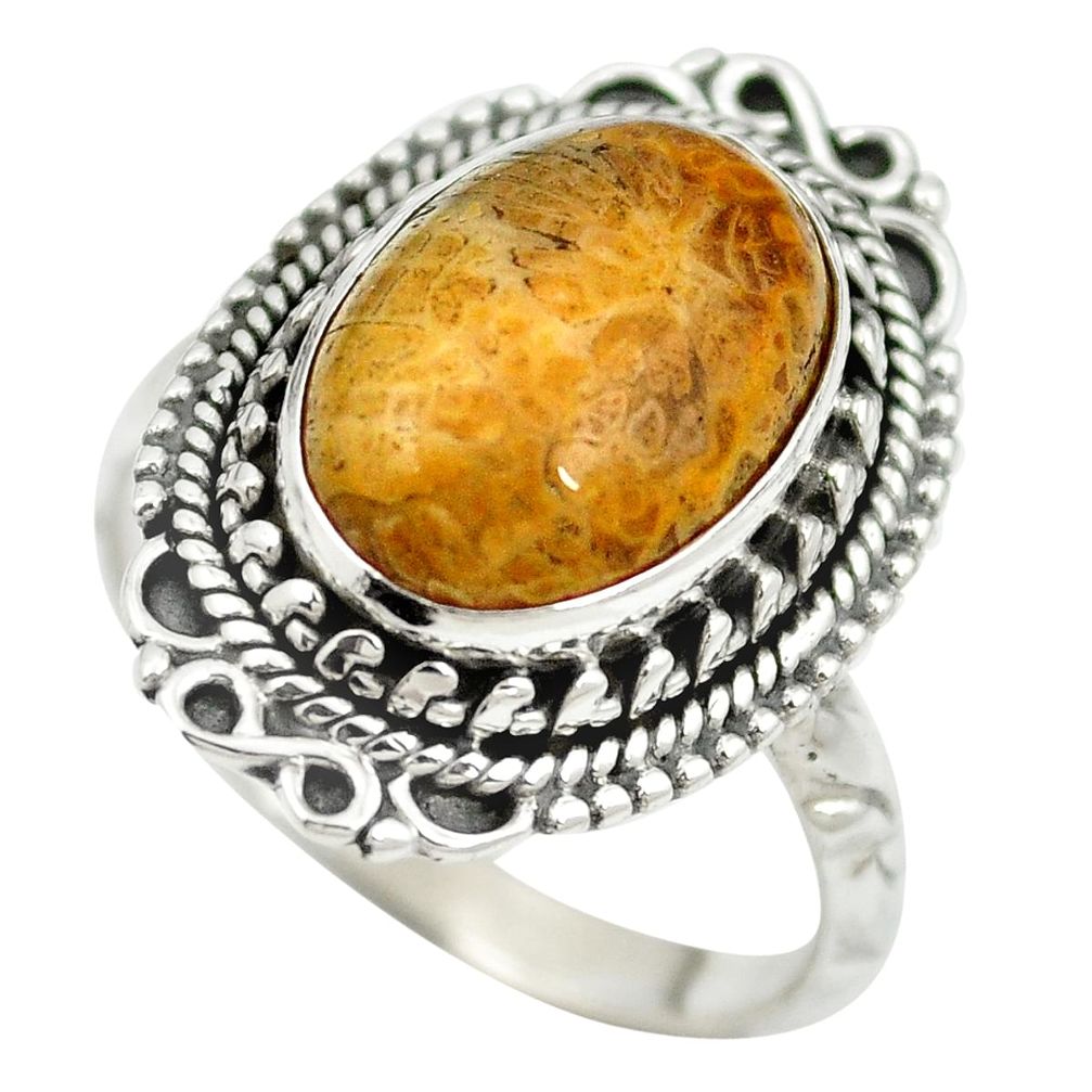 925 silver natural fossil coral (agatized) petoskey stone ring size 8 m60750