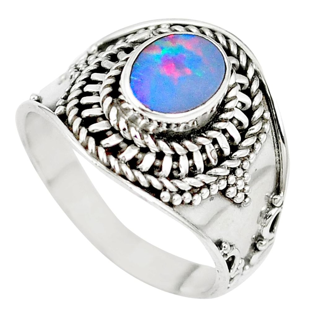 Natural blue doublet opal australian 925 sterling silver ring size 8 m61326