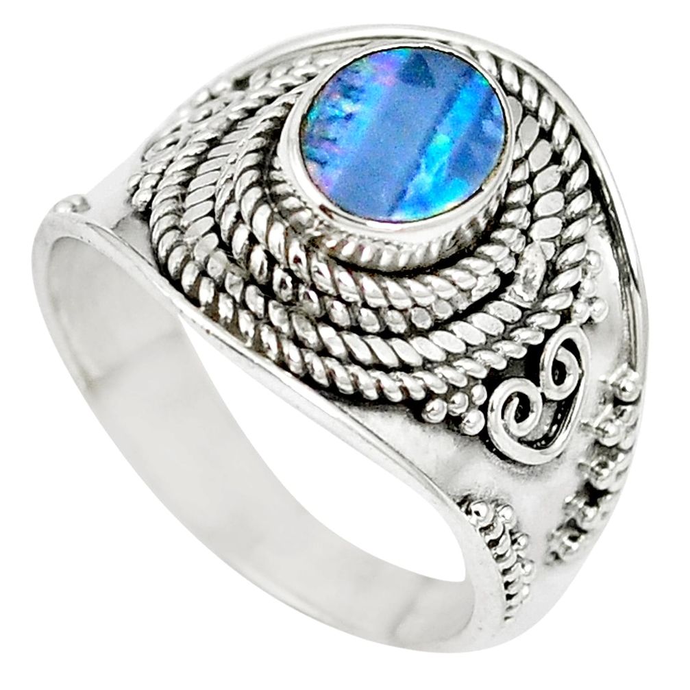 Natural blue doublet opal australian 925 sterling silver ring size 8 m61327