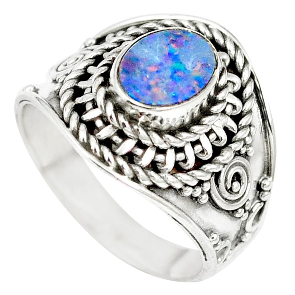 Natural blue doublet opal australian 925 sterling silver ring size 7 m61328