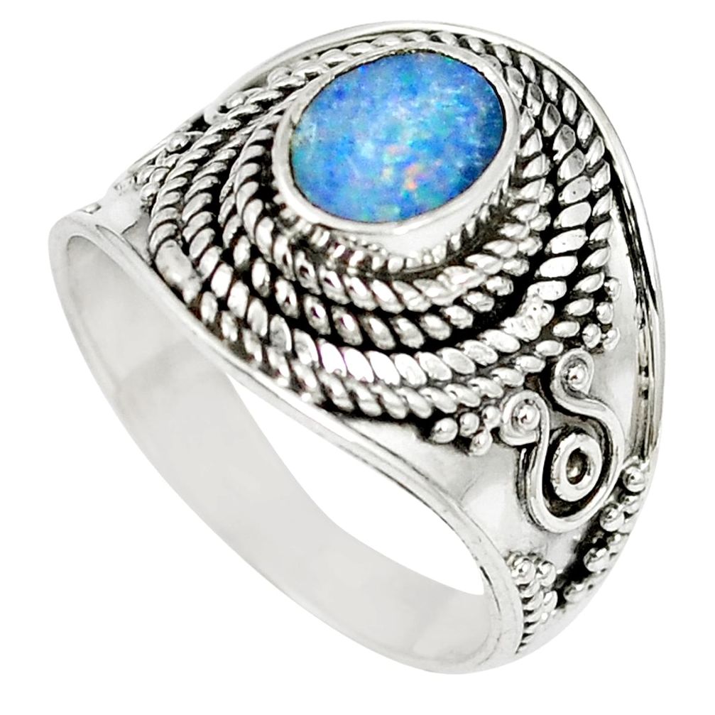 Natural blue doublet opal australian 925 sterling silver ring size 8 m61329