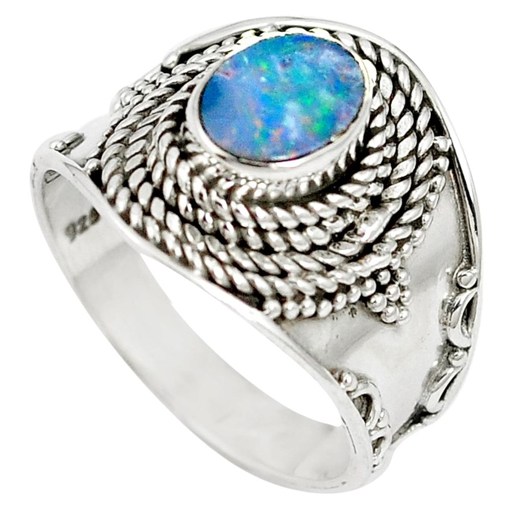Natural blue doublet opal australian 925 sterling silver ring size 8 m61335