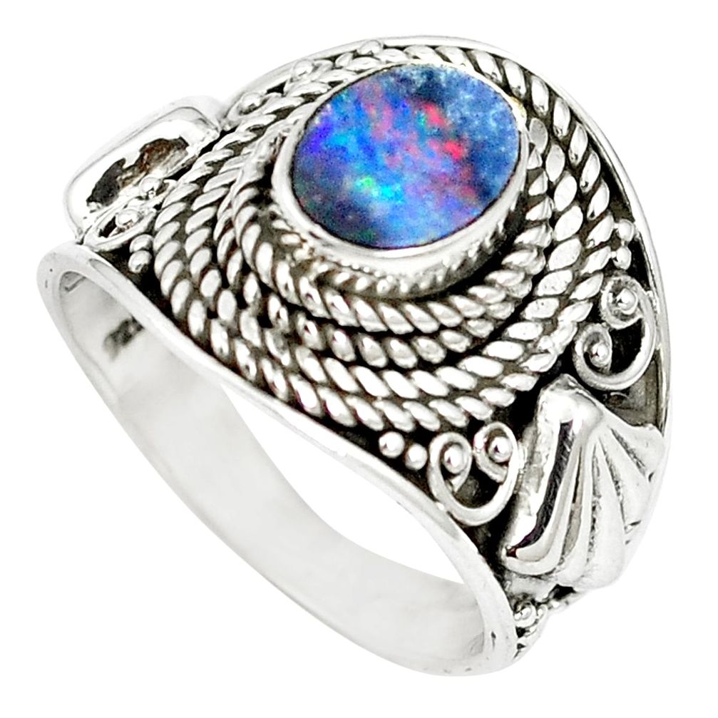 Natural blue doublet opal australian 925 sterling silver ring size 7 m61336