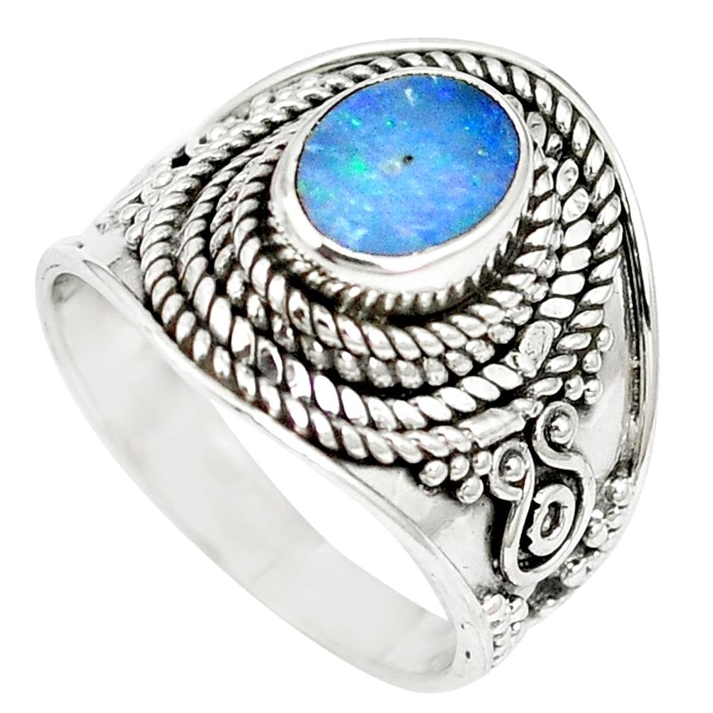 Natural blue doublet opal australian 925 sterling silver ring size 6 m61337