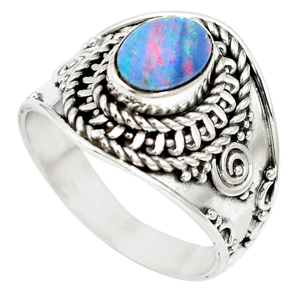 Natural blue doublet opal australian 925 sterling silver ring size 8 m61339