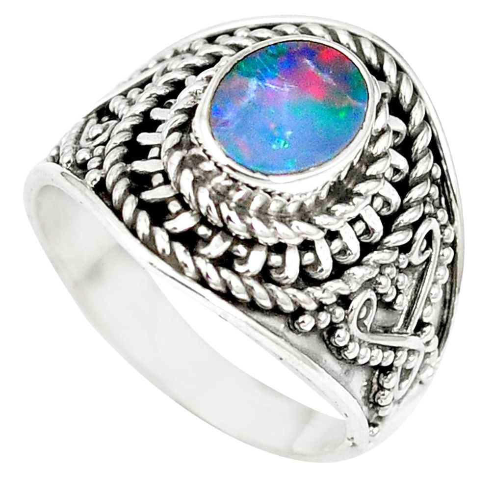 Natural blue doublet opal australian 925 sterling silver ring size 6 m61340