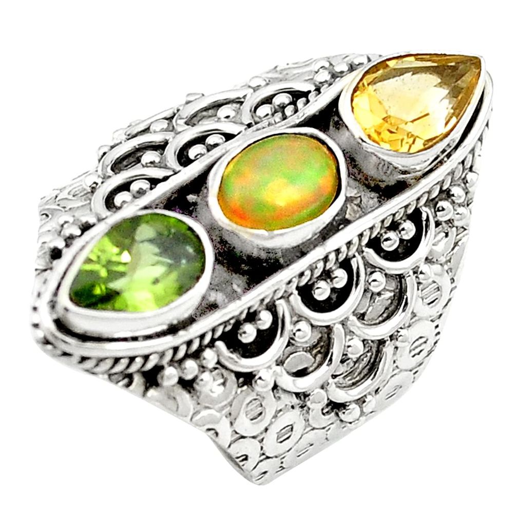 Natural multi color ethiopian opal peridot 925 silver ring size 7 m61785